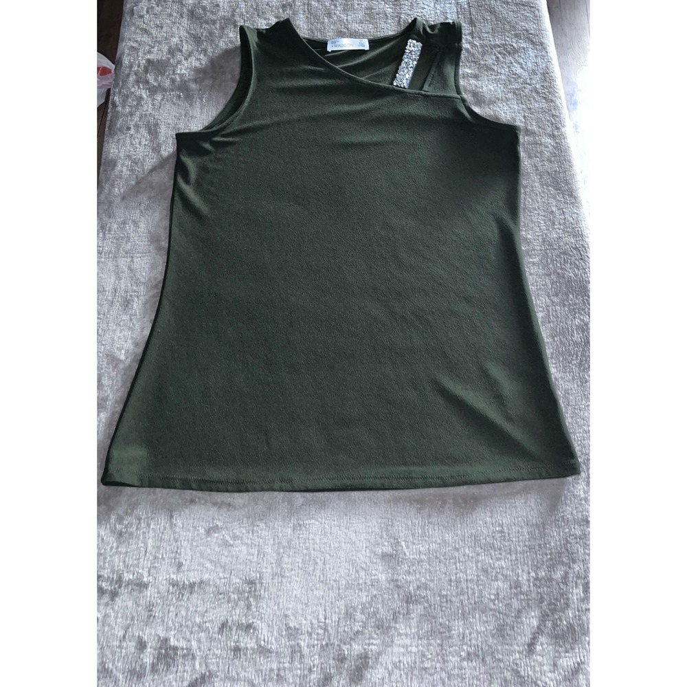 89th + Madison Womens Olive Green Rhinestone Cutout Sleeveless‎ Knit Top Small